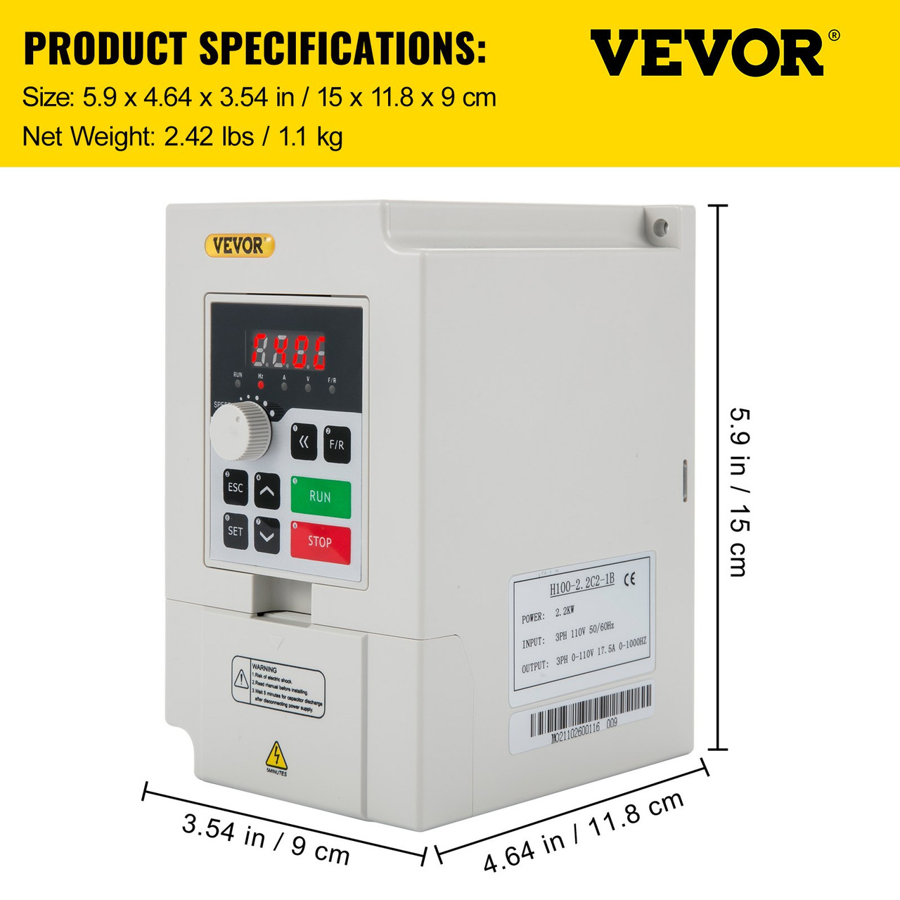 VFD 2.2KW 110V 3HP, 1 or 3 Phase Input, 3 Phase Output Variable Frequency Drive, AC 17.5A 0~1000HZ CNC Motor Inverter Converter for Motor Speed (RS485)