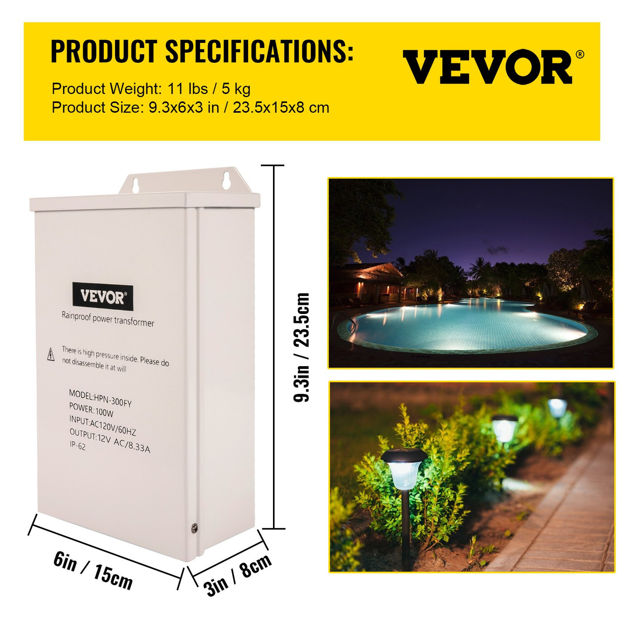 Low Voltage Transformer, 100 Watt Outdoor Landscape Lighting Transformer, 12V AC Pool Light Transformer, Pool/Spa/Landscape Lighting, Spotlight, Pathway Light, LED Compatible, Weatherproof
