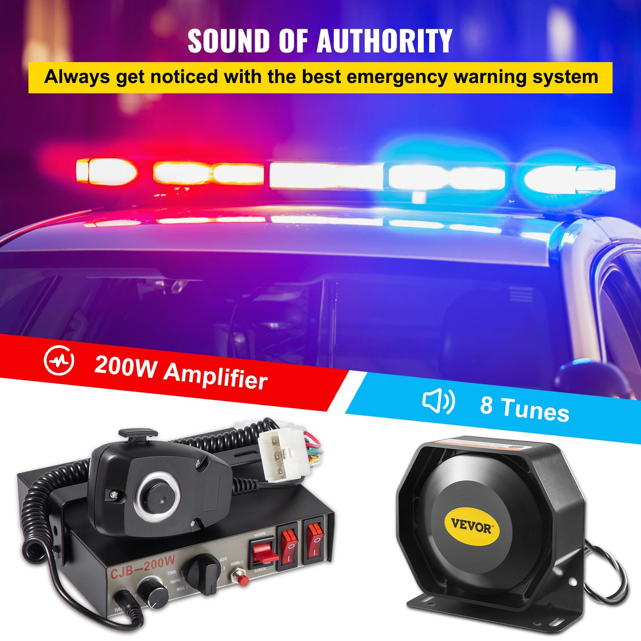 200W Siren Bundle 8 Tones Emergency Warning Siren with PA Speaker MIC System Vehicle Siren Box Fit for Police, Ambulance, Fire Fighting and Engineer Vehicles