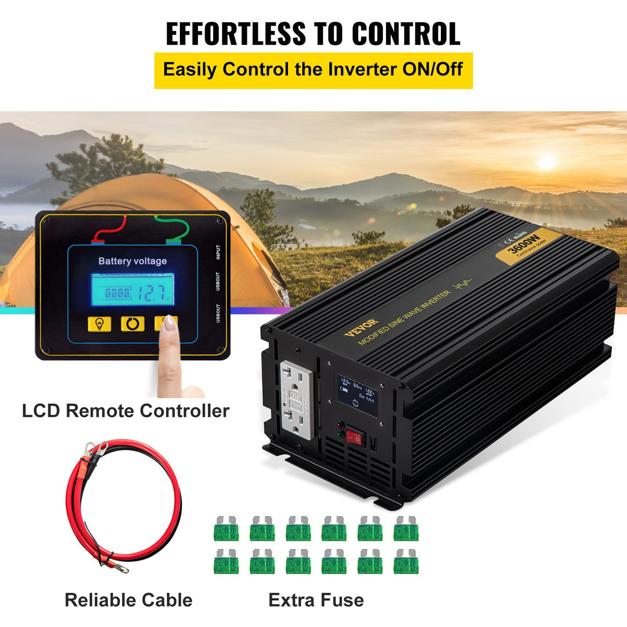 Power Inverter, 3600W Modified Sine Wave Inverter, DC 12V to AC 120V Car Converter, with LCD Display, Remote Controller, LED Indicator, GFCI Outlets Inverter for Truck RV Car Boat Travel Camping