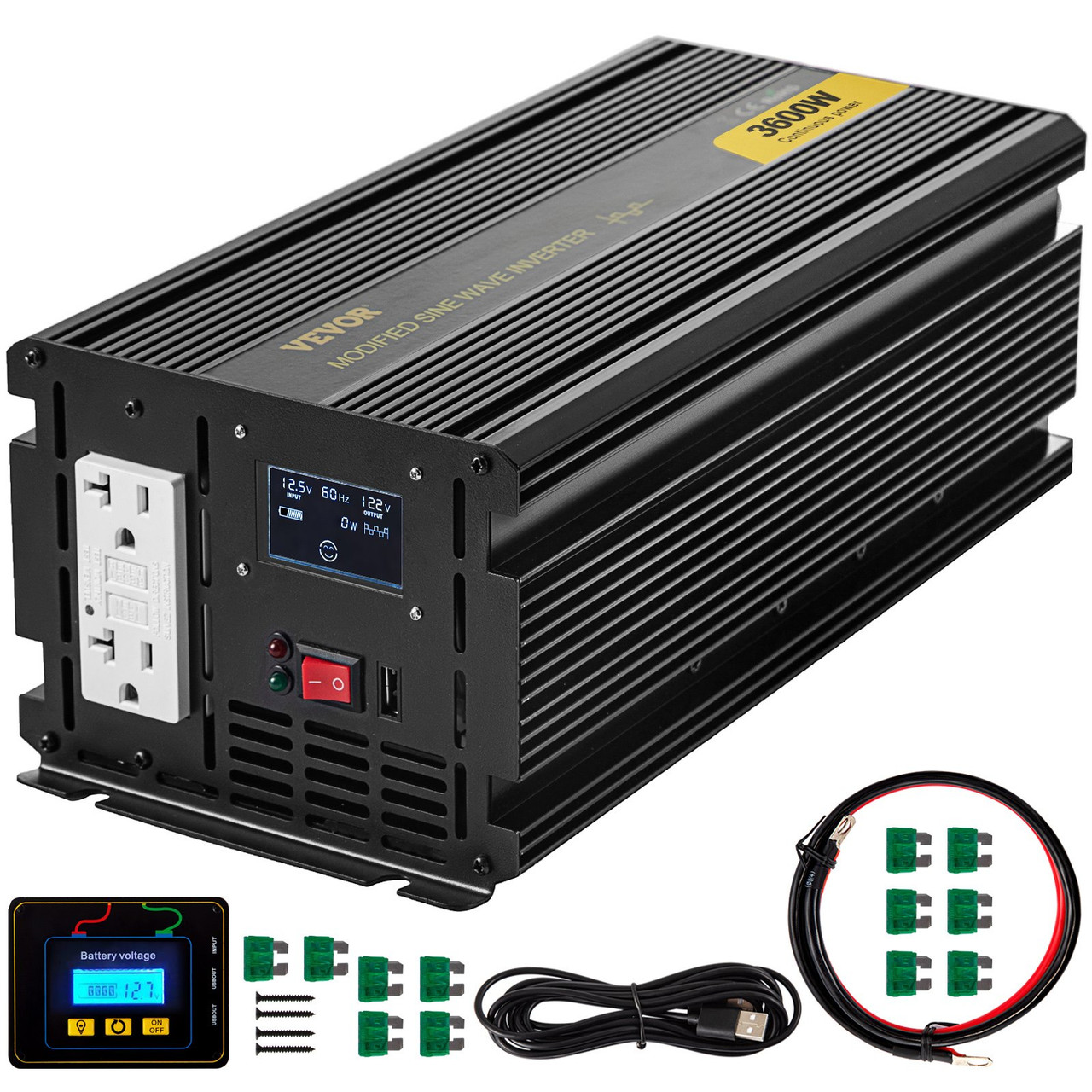 Power Inverter, 3600W Modified Sine Wave Inverter, DC 12V to AC 120V Car Converter, with LCD Display, Remote Controller, LED Indicator, GFCI Outlets Inverter for Truck RV Car Boat Travel Camping