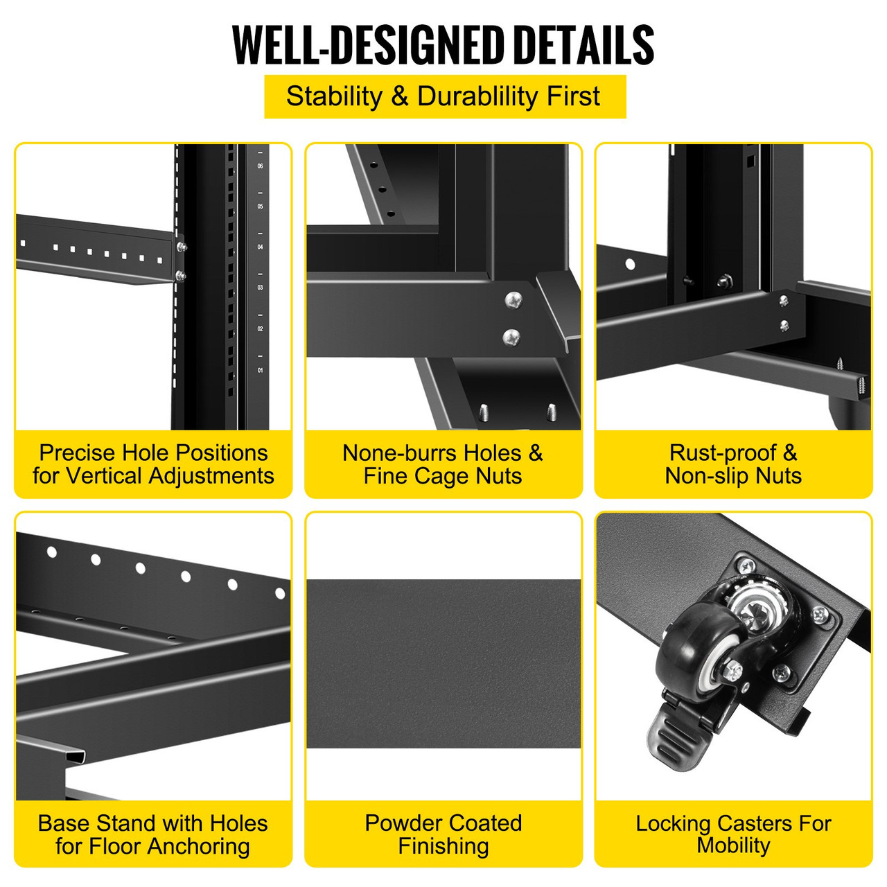 Server Rack, 15U Open Frame Rack, 4-Post IT Server Relay Rack, 19" Server/Audio Network Equipment Rack Cold Rolled Steel, 23.5" Deep Heavy Duty Rack w/Casters, Holds Network Servers & AV Gear