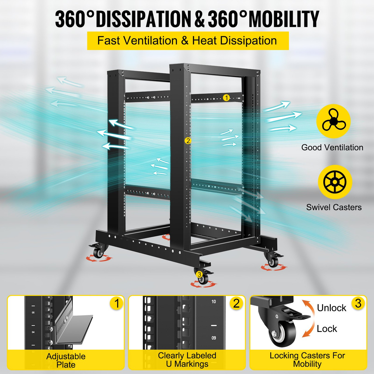 Server Rack, 15U Open Frame Rack, 4-Post IT Server Relay Rack, 19" Server/Audio Network Equipment Rack Cold Rolled Steel, 23.5" Deep Heavy Duty Rack w/Casters, Holds Network Servers & AV Gear