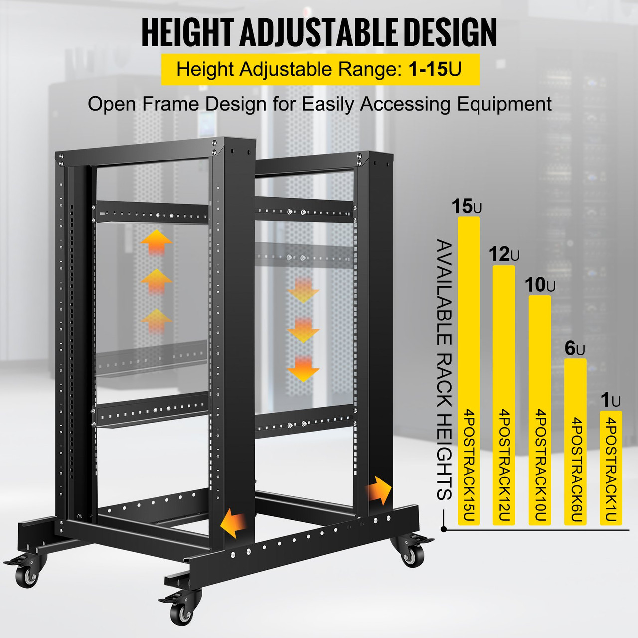 Server Rack, 15U Open Frame Rack, 4-Post IT Server Relay Rack, 19" Server/Audio Network Equipment Rack Cold Rolled Steel, 23.5" Deep Heavy Duty Rack w/Casters, Holds Network Servers & AV Gear