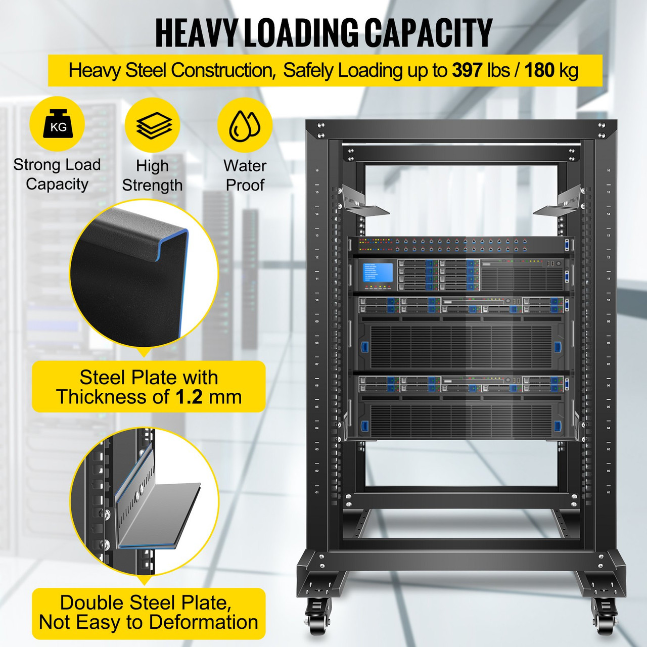 Server Rack, 15U Open Frame Rack, 4-Post IT Server Relay Rack, 19" Server/Audio Network Equipment Rack Cold Rolled Steel, 23.5" Deep Heavy Duty Rack w/Casters, Holds Network Servers & AV Gear