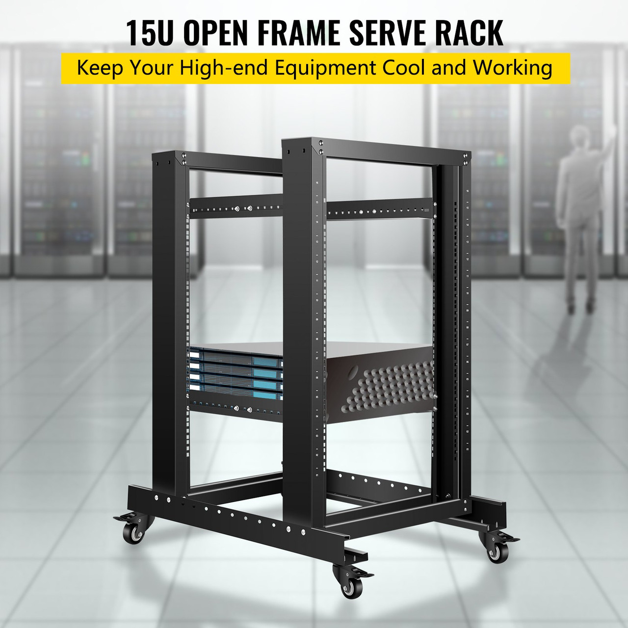 Server Rack, 15U Open Frame Rack, 4-Post IT Server Relay Rack, 19" Server/Audio Network Equipment Rack Cold Rolled Steel, 23.5" Deep Heavy Duty Rack w/Casters, Holds Network Servers & AV Gear