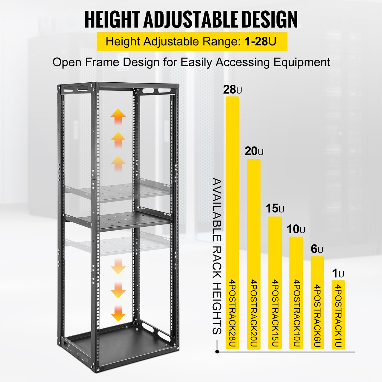 Server Rack, 28U Open Frame Rack, 4-Post IT Server Network Relay Rack, 19 Inch Server/Audio Network Equipment Rack Cold Rolled Steel, Heavy Duty Threaded Rack, Holds Network Servers & AV Gear