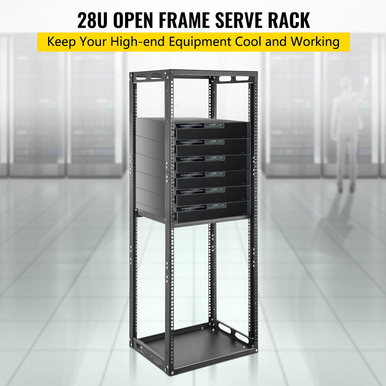 Server Rack, 28U Open Frame Rack, 4-Post IT Server Network Relay Rack, 19 Inch Server/Audio Network Equipment Rack Cold Rolled Steel, Heavy Duty Threaded Rack, Holds Network Servers & AV Gear