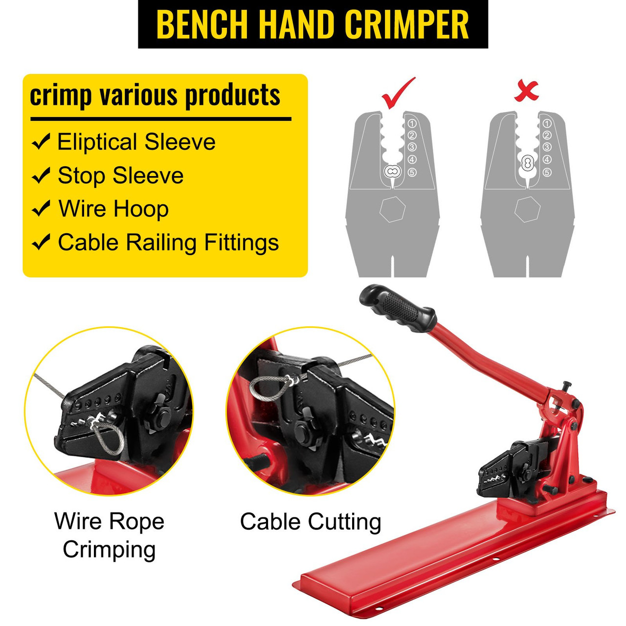 Bench Swager Tool 24" Wire Rope Swaging Tool w/Crimper Cable Bolt Cutter Head Bench Crimper 1/16"-3/16" Aluminum/Copper Sleeves Bench Cable Alloy Steel Crimper Swager for1/2" Wire Rope Ferrules