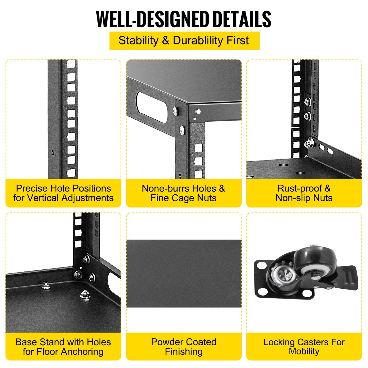 Server Rack, 15U 19'' Open Frame Rack, 4-Post IT Server Network Relay Rack, Server/Audio Network Equipment Rack Cold Rolled Steel, Heavy Duty Rack w/Casters