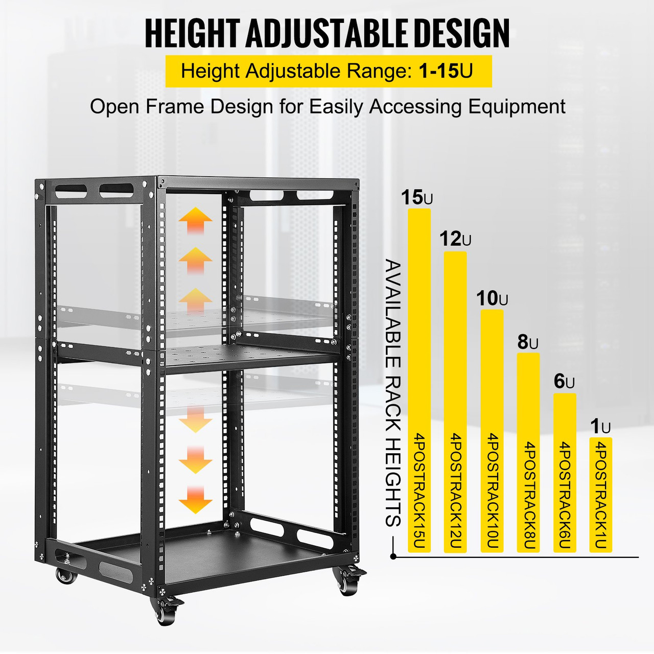 Server Rack, 15U 19'' Open Frame Rack, 4-Post IT Server Network Relay Rack, Server/Audio Network Equipment Rack Cold Rolled Steel, Heavy Duty Rack w/Casters