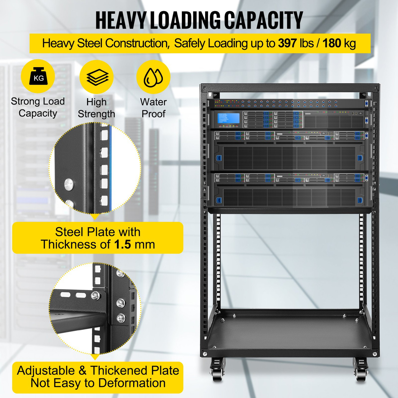 Server Rack, 15U 19'' Open Frame Rack, 4-Post IT Server Network Relay Rack, Server/Audio Network Equipment Rack Cold Rolled Steel, Heavy Duty Rack w/Casters