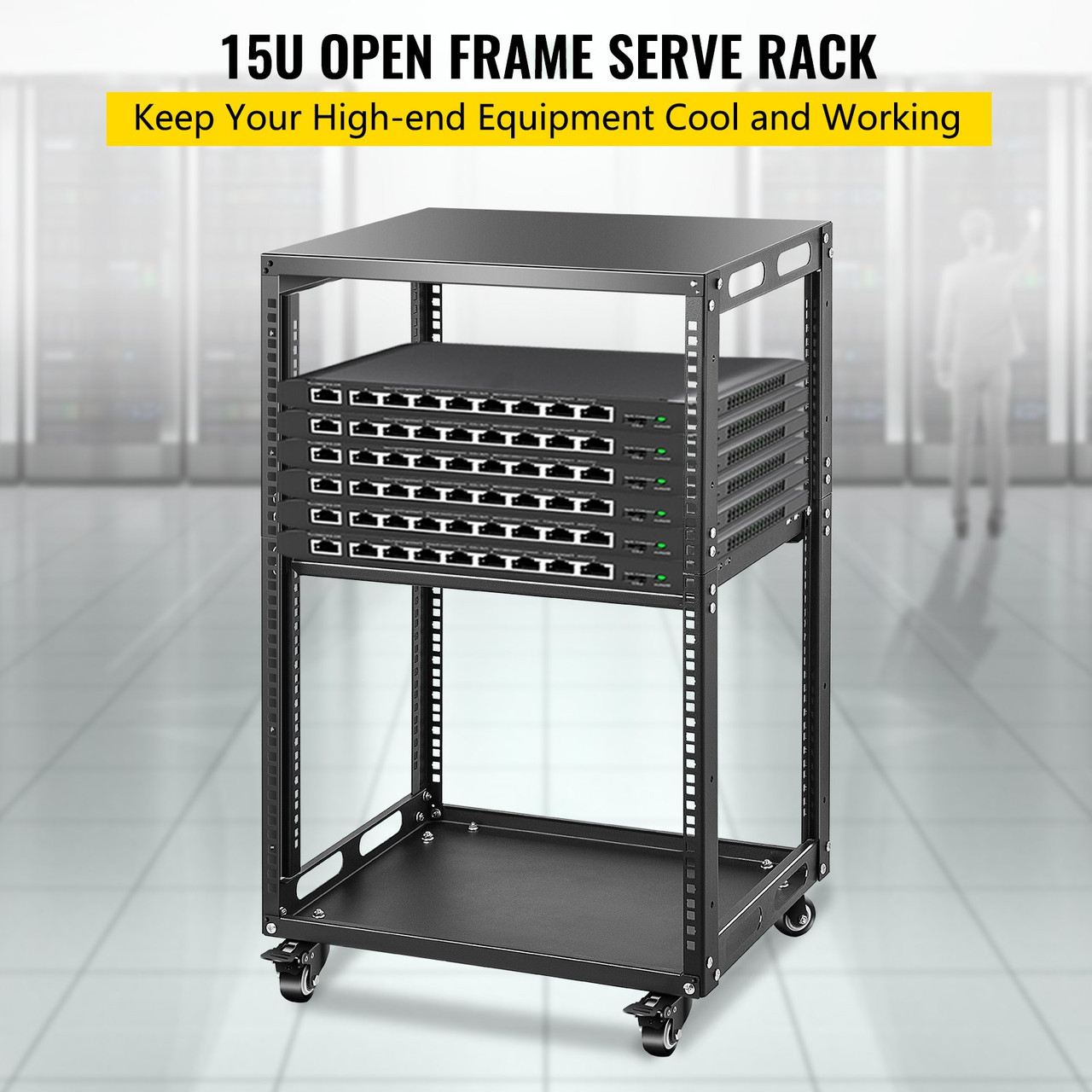 Server Rack, 15U 19'' Open Frame Rack, 4-Post IT Server Network Relay Rack, Server/Audio Network Equipment Rack Cold Rolled Steel, Heavy Duty Rack w/Casters