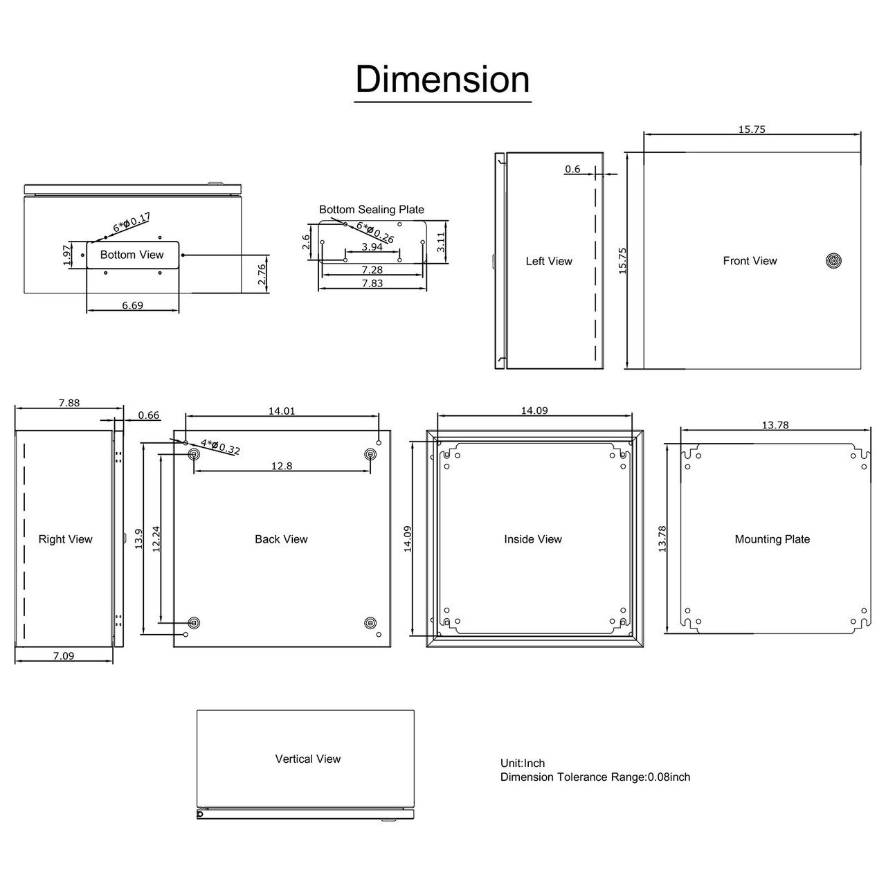 Outdoor Weatherproof Box 16 x 16 x 8 inches 304SS NEMA4X Wall Mounted Enclosure Suitable for Storage