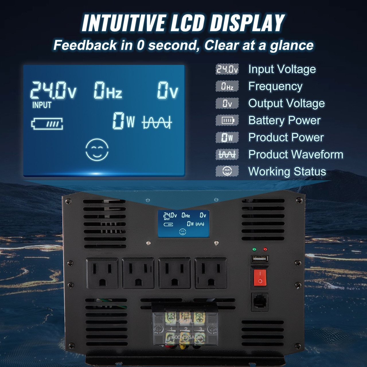 Pure Sine Wave Inverter Power Inverter 3000W DC24V to AC120V Inverter LCD
