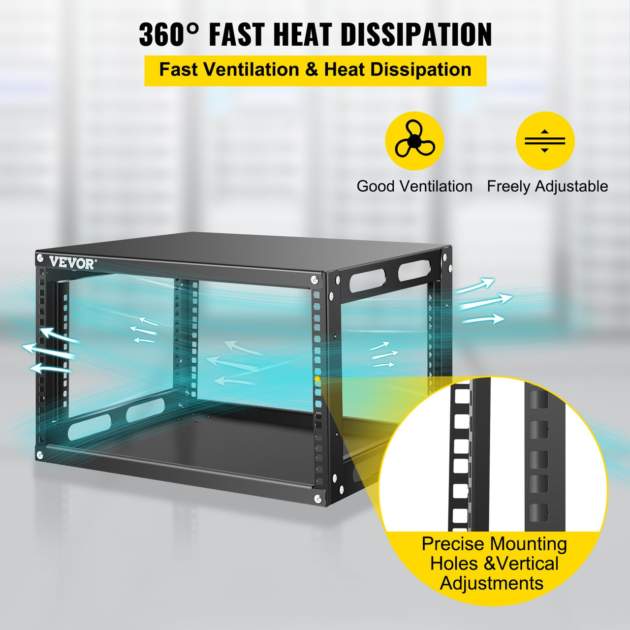 Server Rack, 6U Open Frame Rack, 4-Post IT Server Network Relay Rack, 19 Inch Server/Audio Network Equipment Rack Cold Rolled Steel, Heavy Duty Threaded Rack, Holds Network Servers & AV Gear