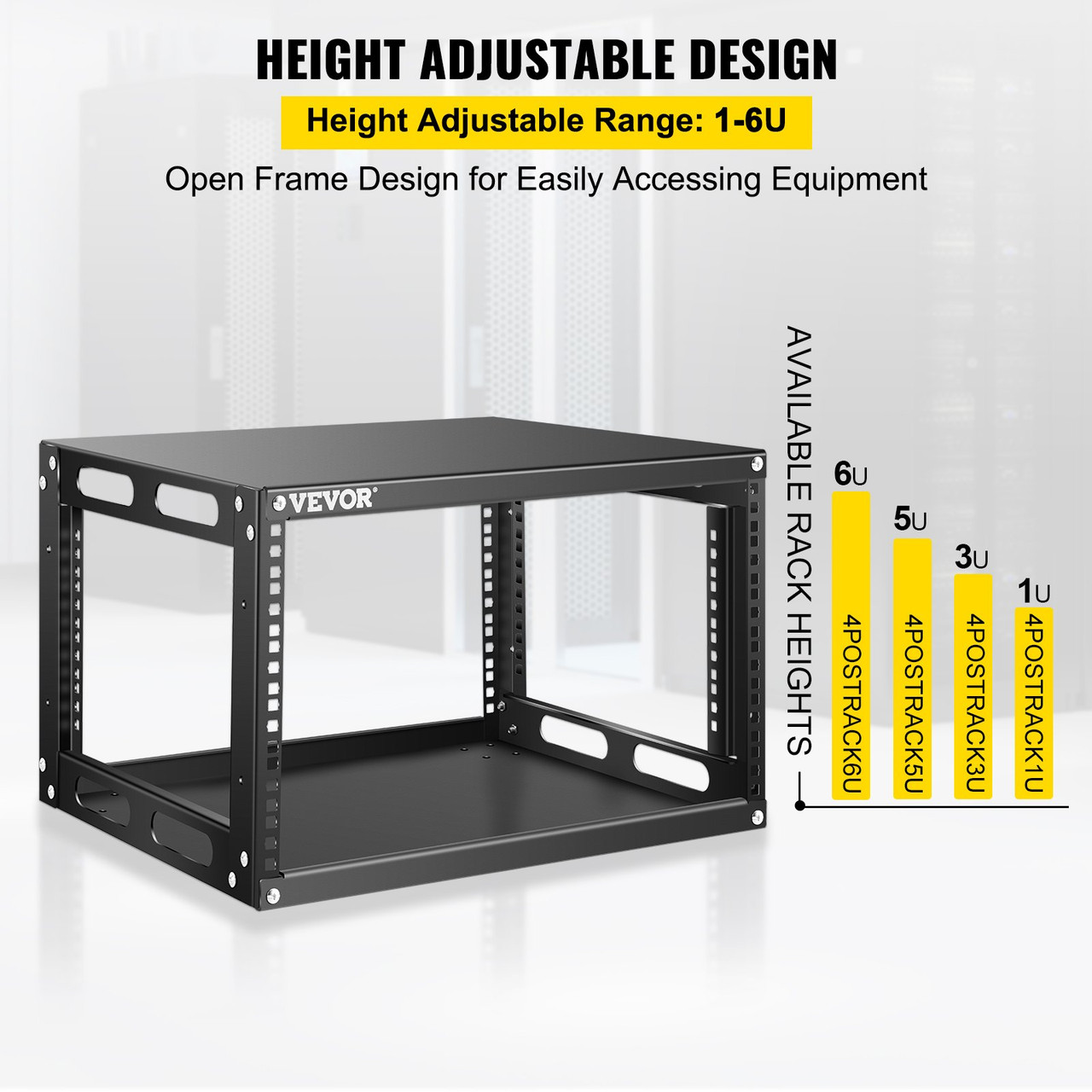 Server Rack, 6U Open Frame Rack, 4-Post IT Server Network Relay Rack, 19 Inch Server/Audio Network Equipment Rack Cold Rolled Steel, Heavy Duty Threaded Rack, Holds Network Servers & AV Gear