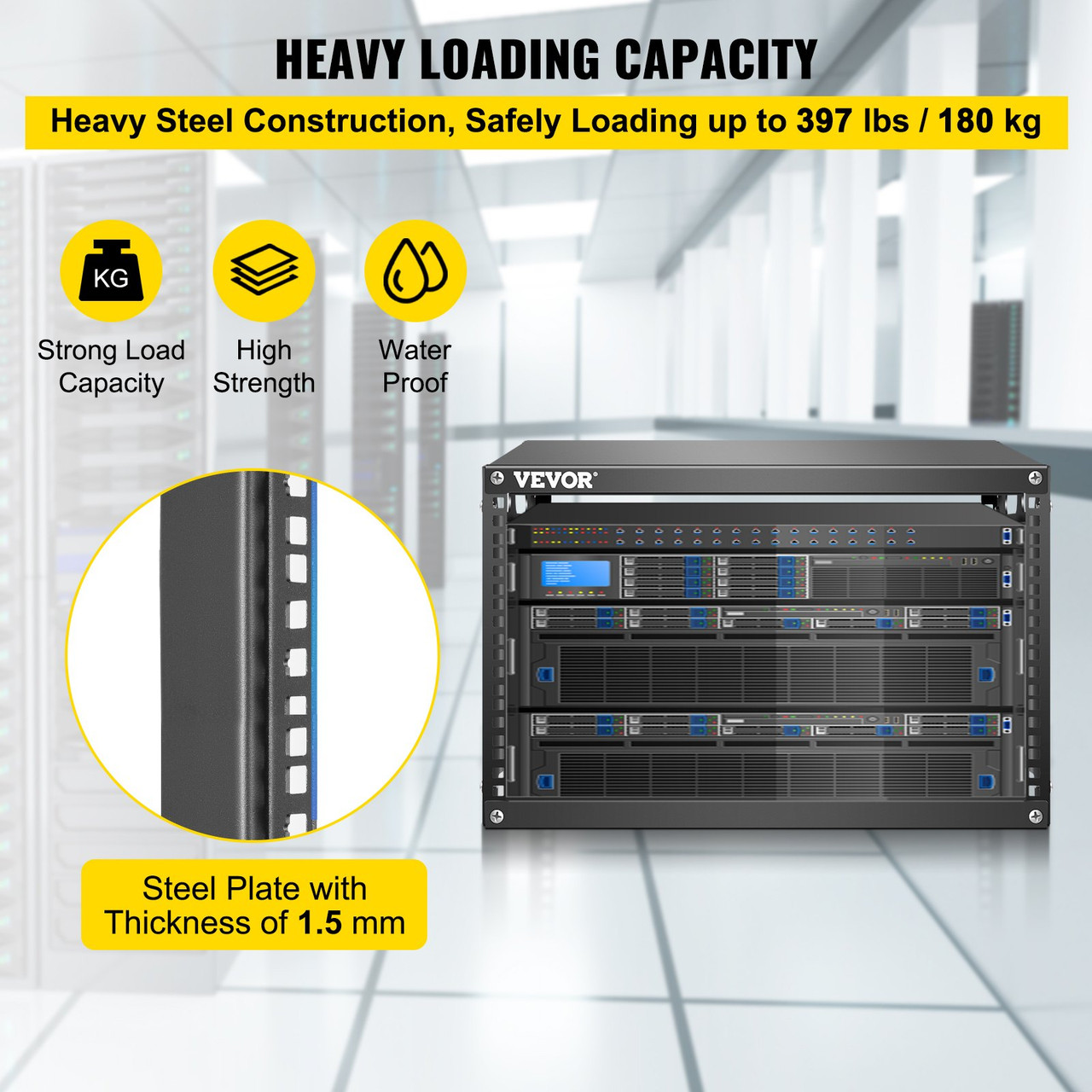 Server Rack, 6U Open Frame Rack, 4-Post IT Server Network Relay Rack, 19 Inch Server/Audio Network Equipment Rack Cold Rolled Steel, Heavy Duty Threaded Rack, Holds Network Servers & AV Gear