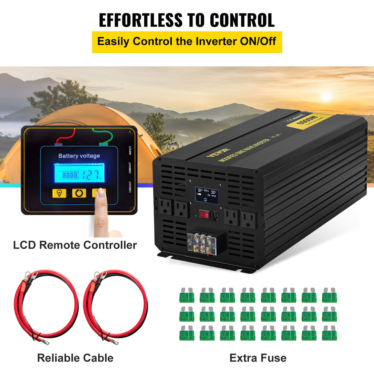 Power Inverter, 6000W Modified Sine Wave Inverter, DC 12V to AC 120V Car Converter, with LCD Display, Remote Controller, LED Indicator, AC Outlets Inverter for Truck RV Car Boat Travel Camping