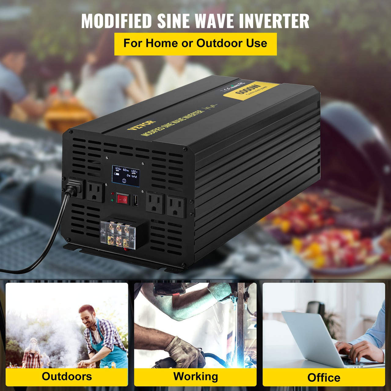 Power Inverter, 6000W Modified Sine Wave Inverter, DC 12V to AC 120V Car Converter, with LCD Display, Remote Controller, LED Indicator, AC Outlets Inverter for Truck RV Car Boat Travel Camping