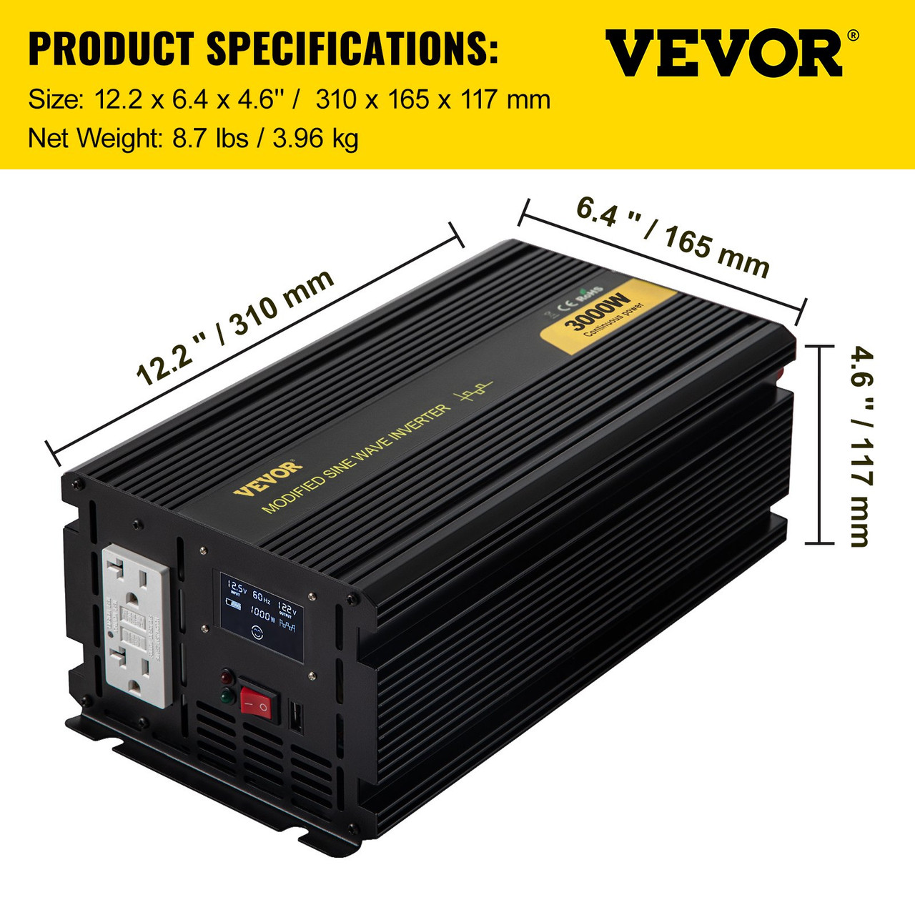Power Inverter, 3000W Modified Sine Wave Inverter, DC 12V to AC 120V Car Converter, with LCD Display, Remote Controller, LED Indicator, GFCI Outlets Inverter for Truck RV Car Boat Travel Camping