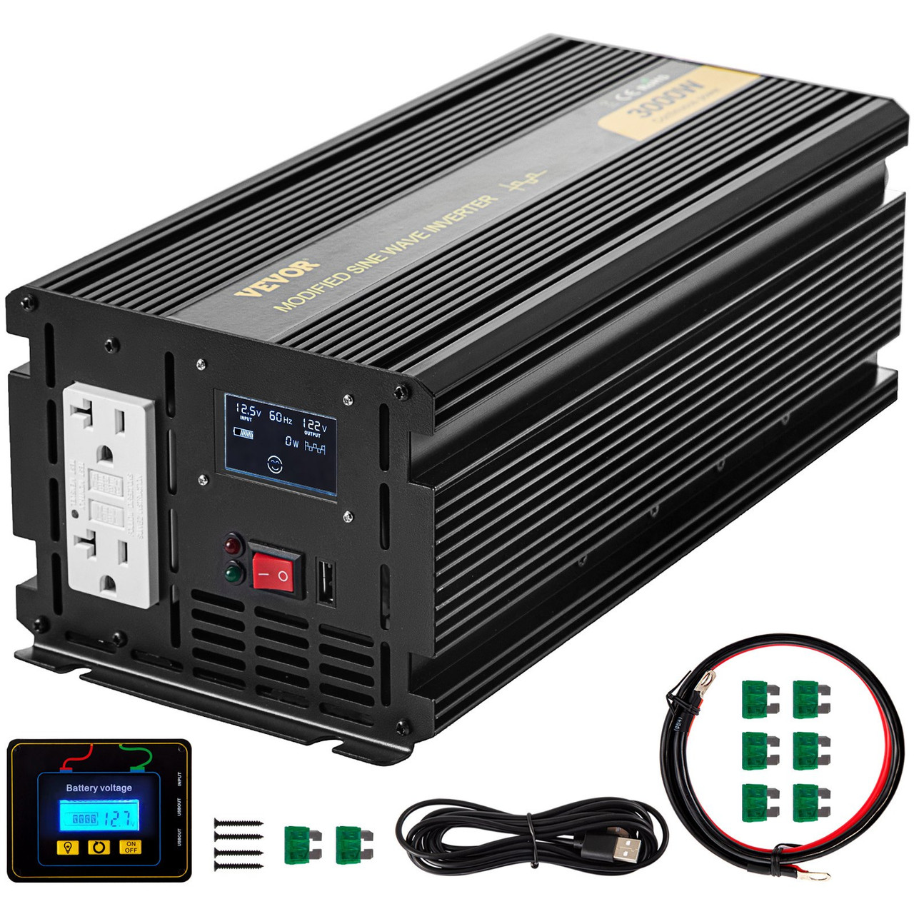 Power Inverter, 3000W Modified Sine Wave Inverter, DC 12V to AC 120V Car Converter, with LCD Display, Remote Controller, LED Indicator, GFCI Outlets Inverter for Truck RV Car Boat Travel Camping