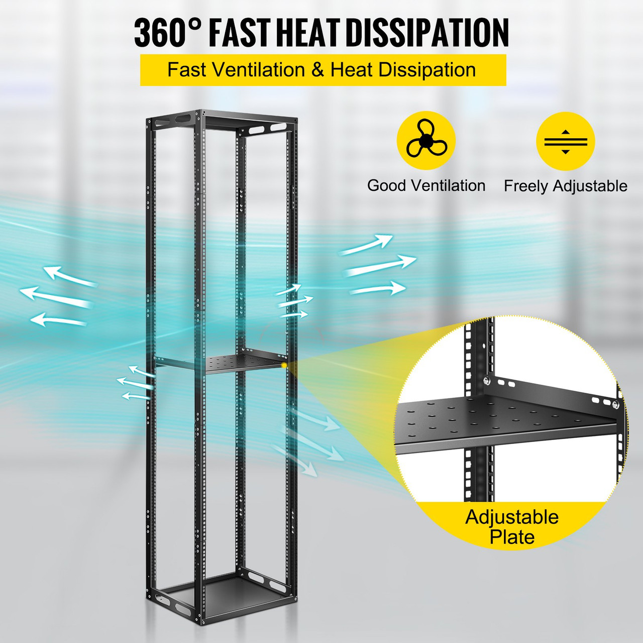 Server Rack, 42U Open Frame Rack, 4-Post IT Server Network Relay Rack, 19 Inch Server/Audio Network Equipment Rack Cold Rolled Steel, Heavy Duty Threaded Rack, Holds Network Servers & AV Gear