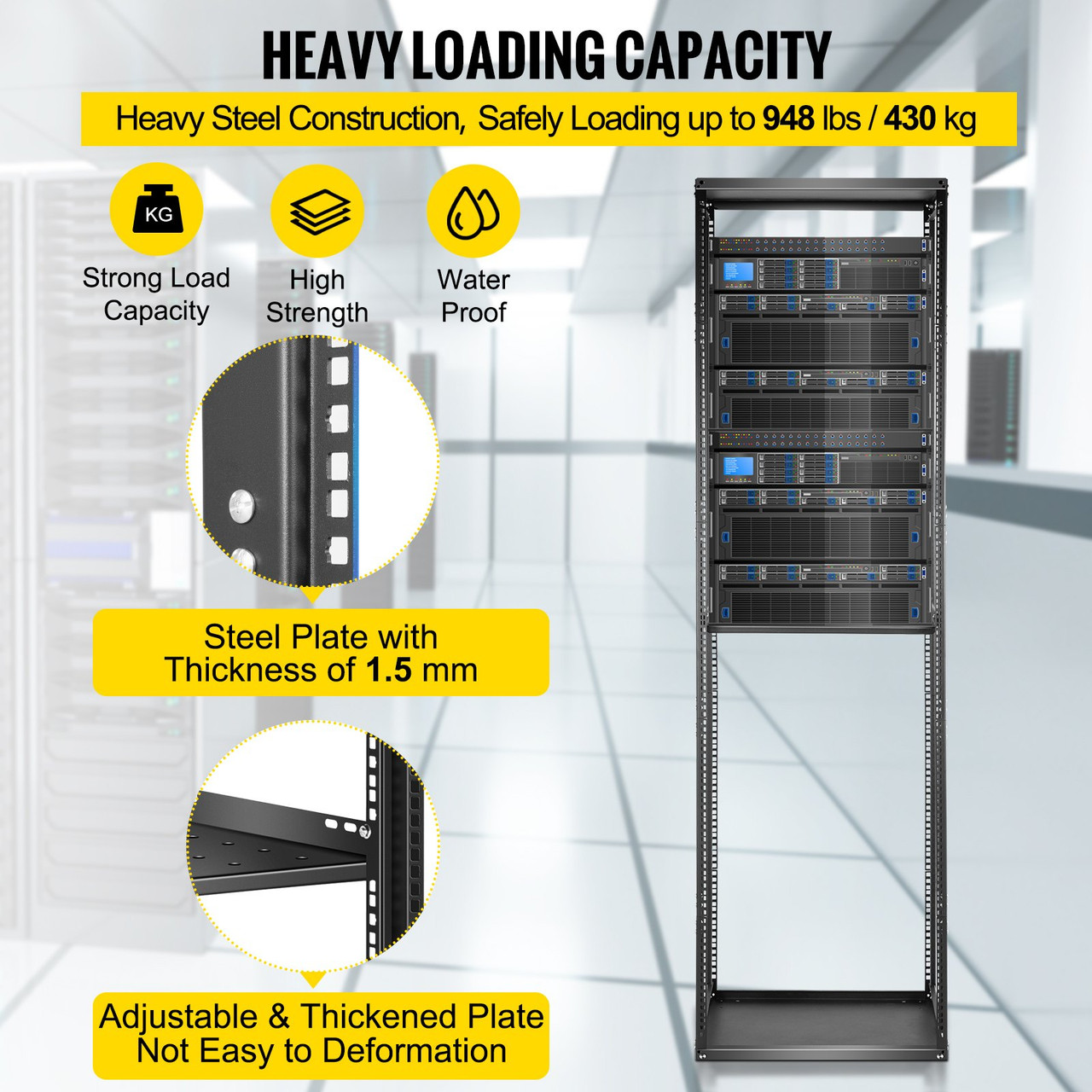 Server Rack, 42U Open Frame Rack, 4-Post IT Server Network Relay Rack, 19 Inch Server/Audio Network Equipment Rack Cold Rolled Steel, Heavy Duty Threaded Rack, Holds Network Servers & AV Gear