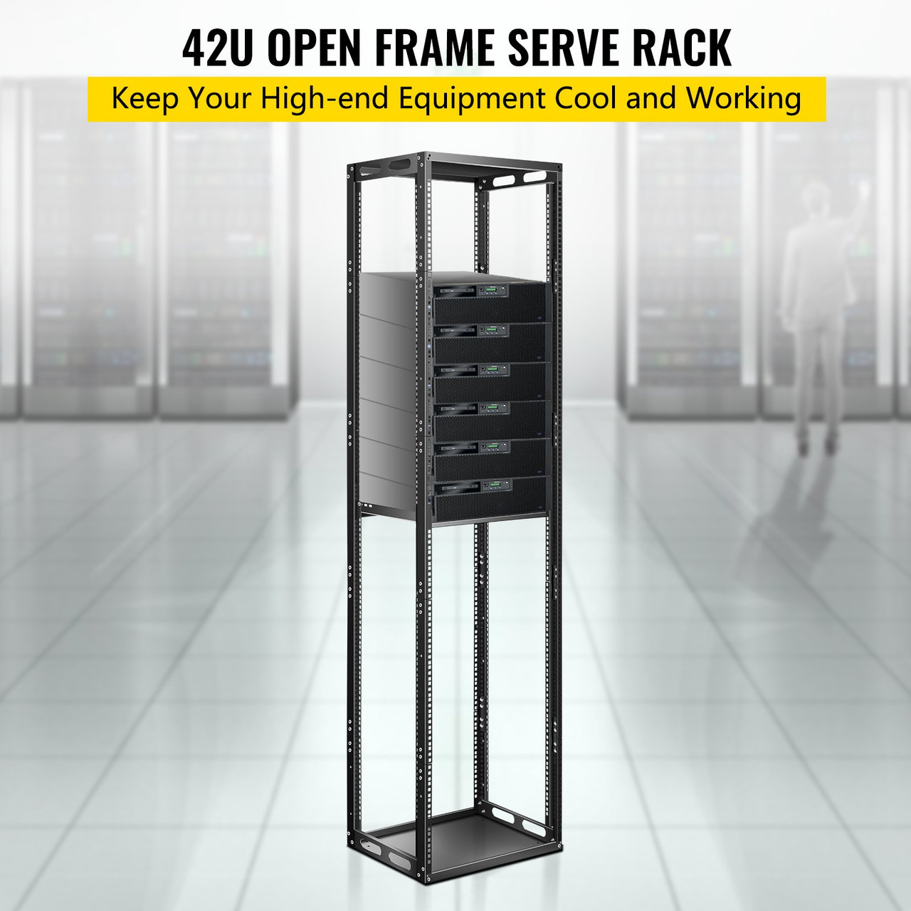 Server Rack, 42U Open Frame Rack, 4-Post IT Server Network Relay Rack, 19 Inch Server/Audio Network Equipment Rack Cold Rolled Steel, Heavy Duty Threaded Rack, Holds Network Servers & AV Gear