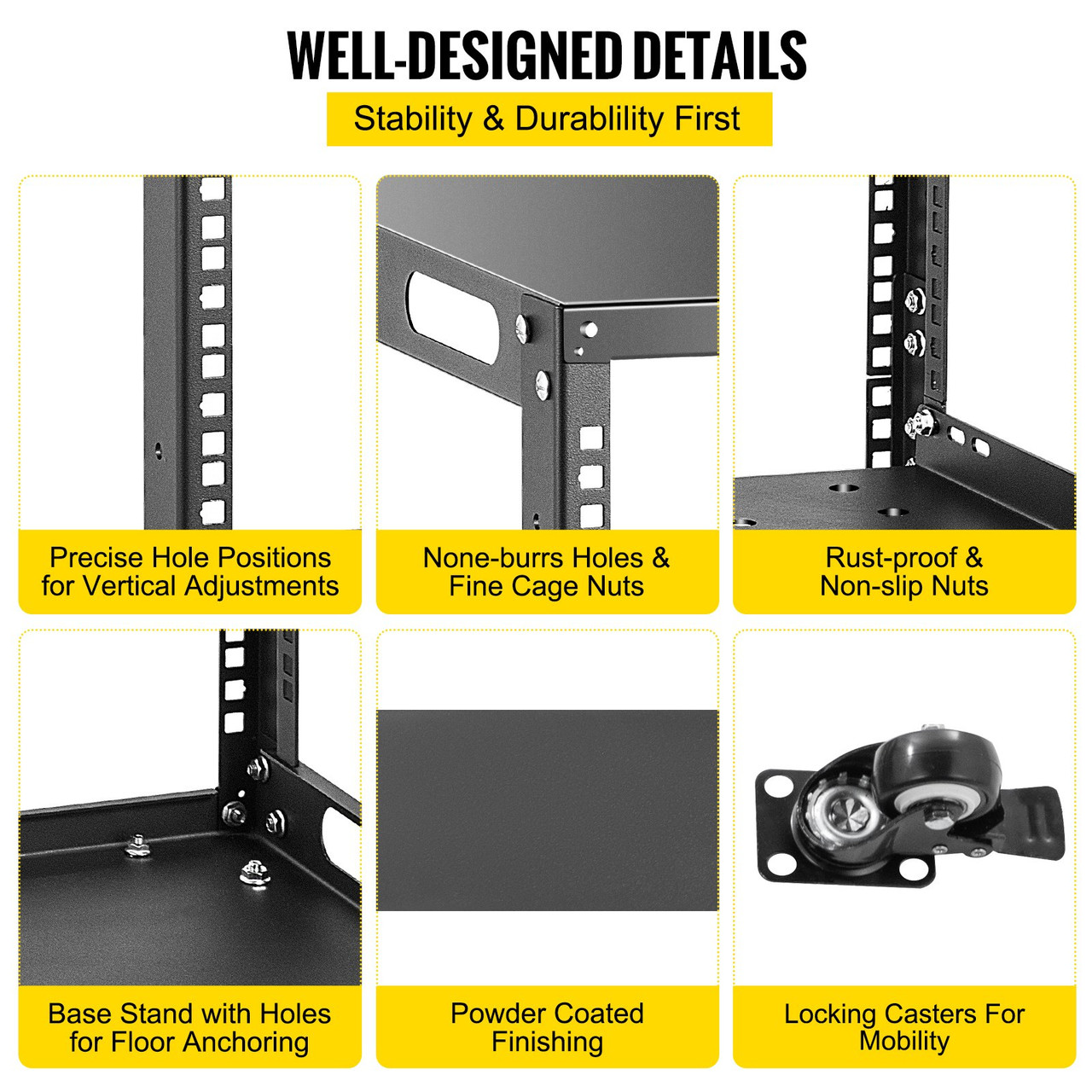 18U 19" Open Frame Rack, 4-Post IT Server Rack, Server/Audio Network Equipment Rack Cold Rolled Steel, Heavy Duty Rack Casters