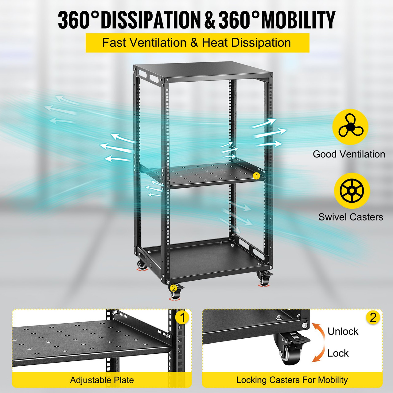 18U 19" Open Frame Rack, 4-Post IT Server Rack, Server/Audio Network Equipment Rack Cold Rolled Steel, Heavy Duty Rack Casters