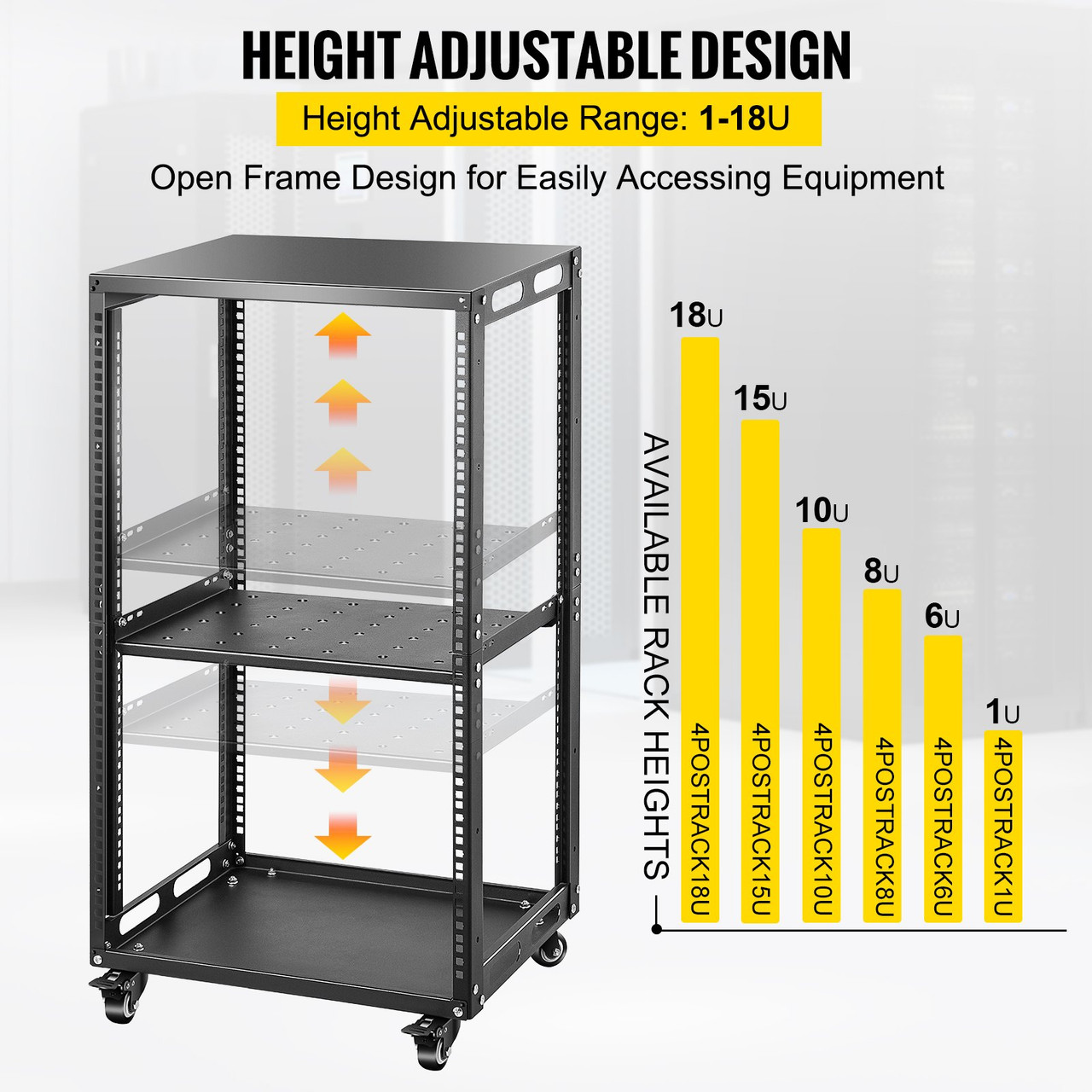 18U 19" Open Frame Rack, 4-Post IT Server Rack, Server/Audio Network Equipment Rack Cold Rolled Steel, Heavy Duty Rack Casters