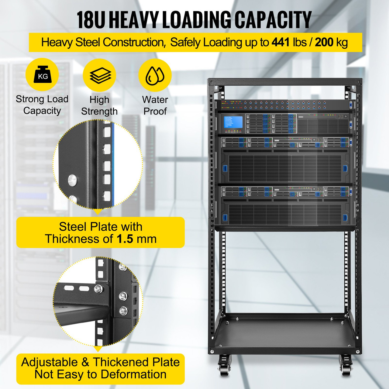 18U 19" Open Frame Rack, 4-Post IT Server Rack, Server/Audio Network Equipment Rack Cold Rolled Steel, Heavy Duty Rack Casters