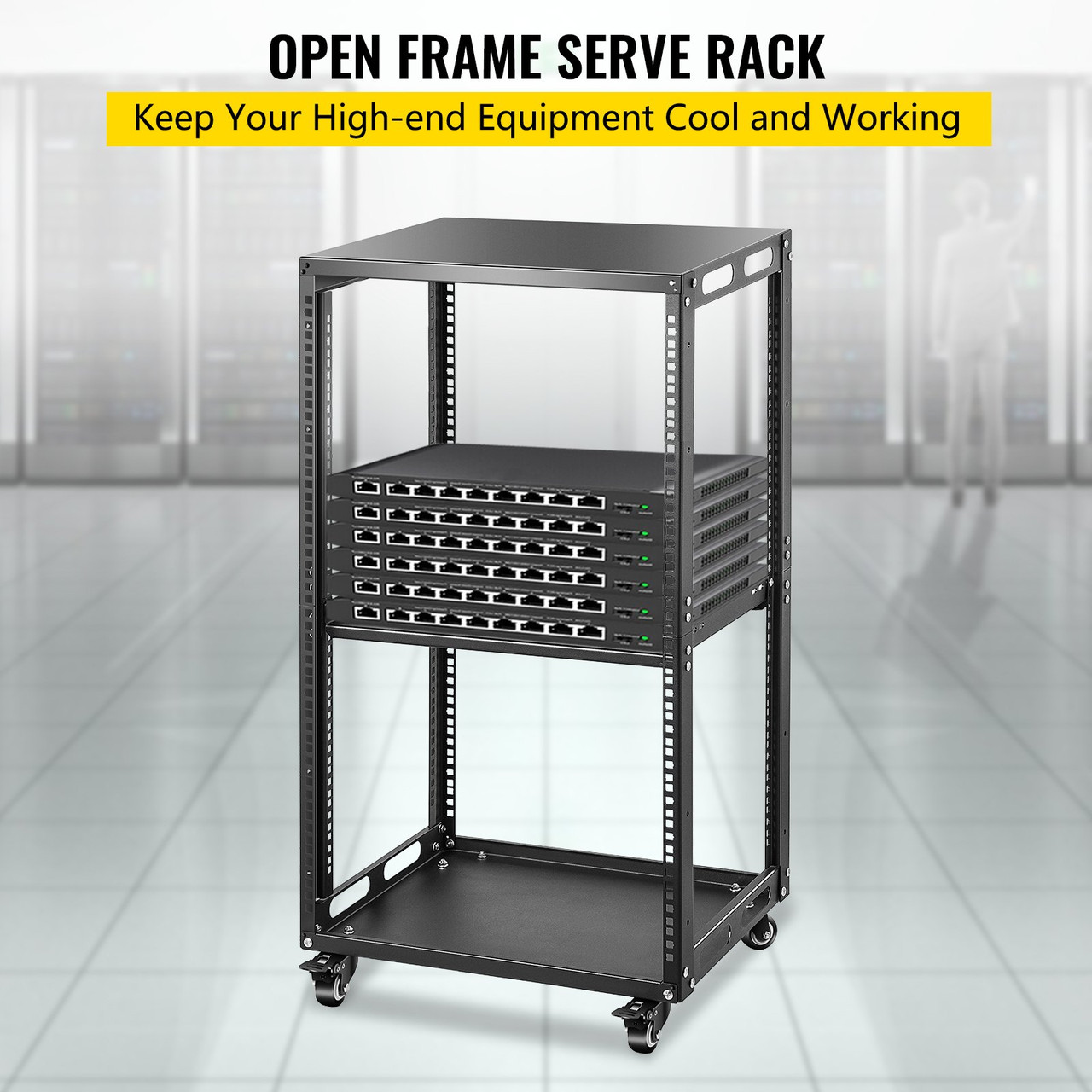 18U 19" Open Frame Rack, 4-Post IT Server Rack, Server/Audio Network Equipment Rack Cold Rolled Steel, Heavy Duty Rack Casters