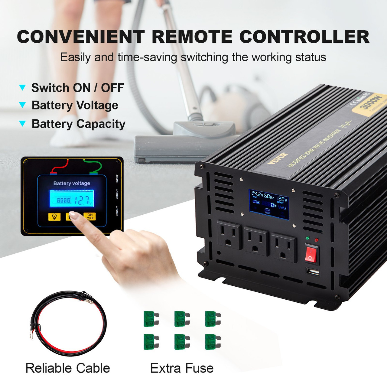 VEVOR Power Inverter, 3000W Modified Sine Wave Inverter, DC 24V to AC 120V Car Converter, with LCD Display, Remote Controller, LED Indicator, AC