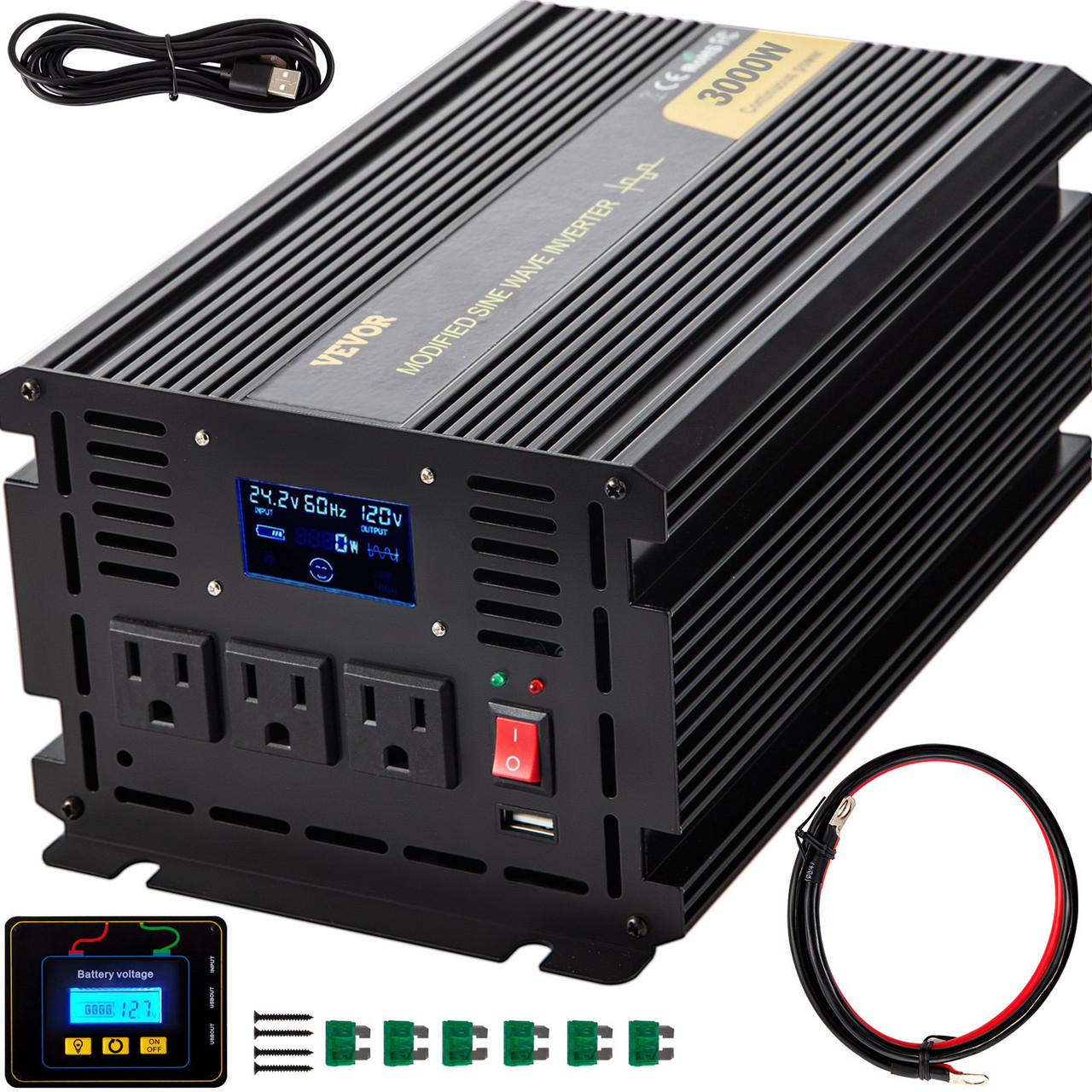 Power Inverter, 3000W Modified Sine Wave Inverter, DC 24V to AC 120V Car Converter, with LCD Display, Remote Controller, LED Indicator, AC Outlets Inverter for Truck RV Car Boat Travel Camping