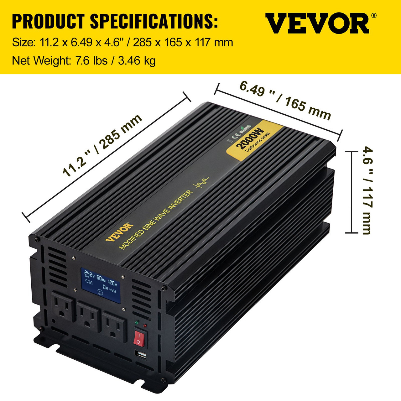 Power Inverter, 2000W Modified Sine Wave Inverter, DC 24V to AC 120V Car Converter, with LCD Display, Remote Controller, LED Indicator, AC Outlets Inverter for Truck RV Car Boat Travel Camping