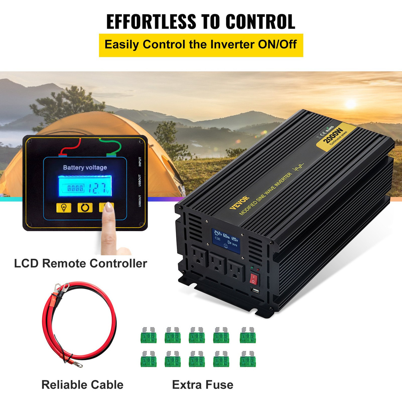 Power Inverter, 2000W Modified Sine Wave Inverter, DC 24V to AC 120V Car Converter, with LCD Display, Remote Controller, LED Indicator, AC Outlets Inverter for Truck RV Car Boat Travel Camping