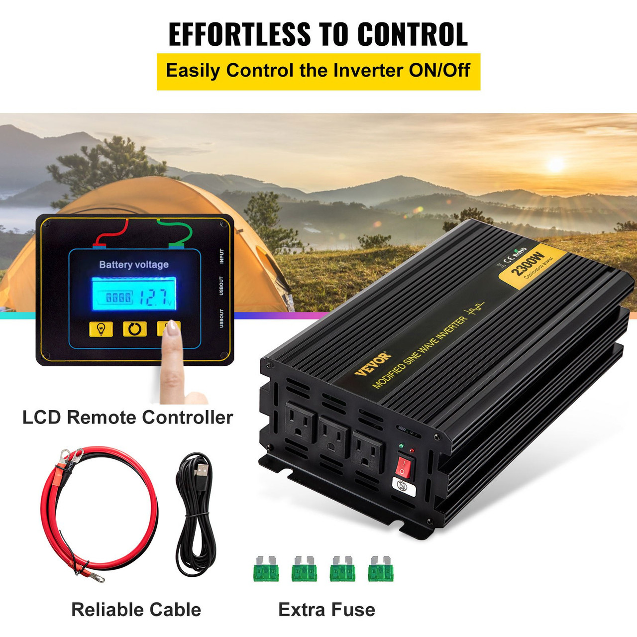Power Inverter, 2300W Modified Sine Wave Inverter, DC 24V to AC 120V Car Converter, with LCD Remote Controller, LED Indicator, AC Outlets Inverter for Truck RV Car Boat Travel Camping Emergency