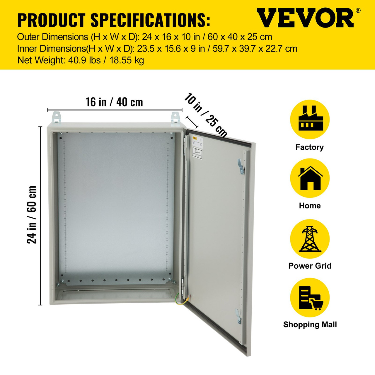 Electrical Steel Enclosure Box NEMA 4 Outdoor Enclosure 24 x 16 x 10'' UL