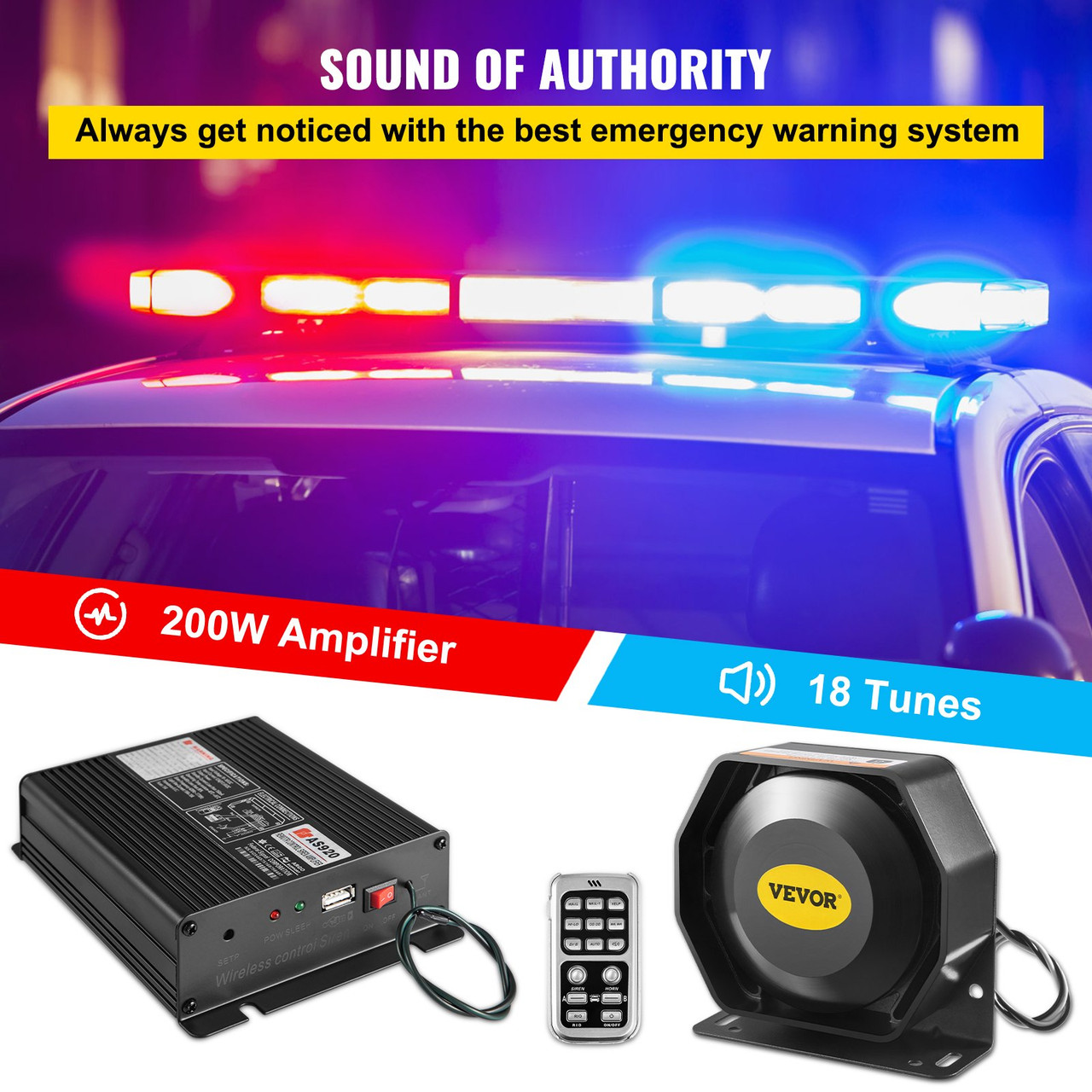 200W 18 Sound Loud Car and Truck Warning Alarm Police Siren Horn 18 Tones  Fire Ambulance