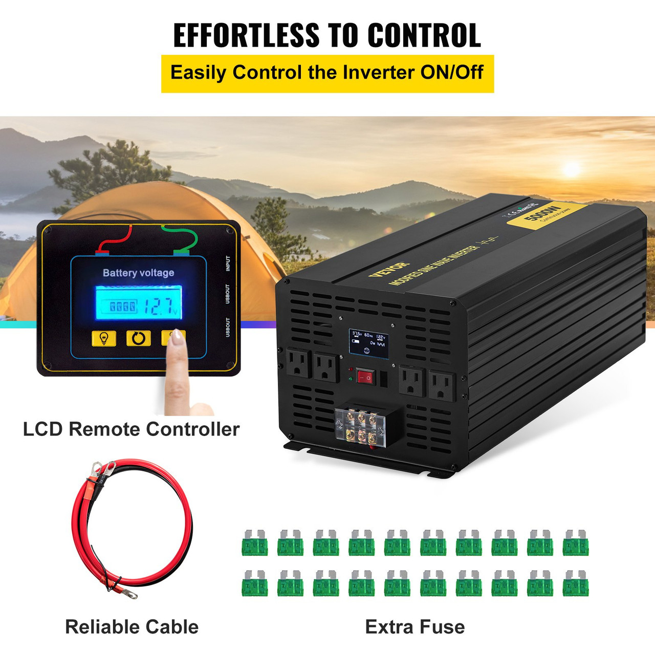 Power Inverter, 5000W Modified Sine Wave Inverter, DC 36V to AC 120V Car Converter, with LCD Display, Remote Controller, LED Indicator, AC Outlets Inverter for Truck RV Car Boat Travel Camping