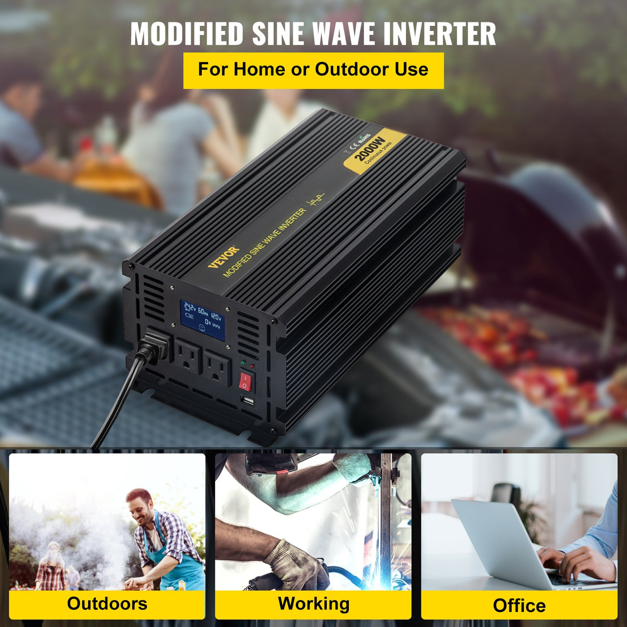 Power Inverter, 2000W Modified Sine Wave Inverter, DC 12V to AC 120V Car Converter, with LCD Display, Remote Controller, LED Indicator, AC Outlets Inverter for Truck RV Car Boat Travel Camping