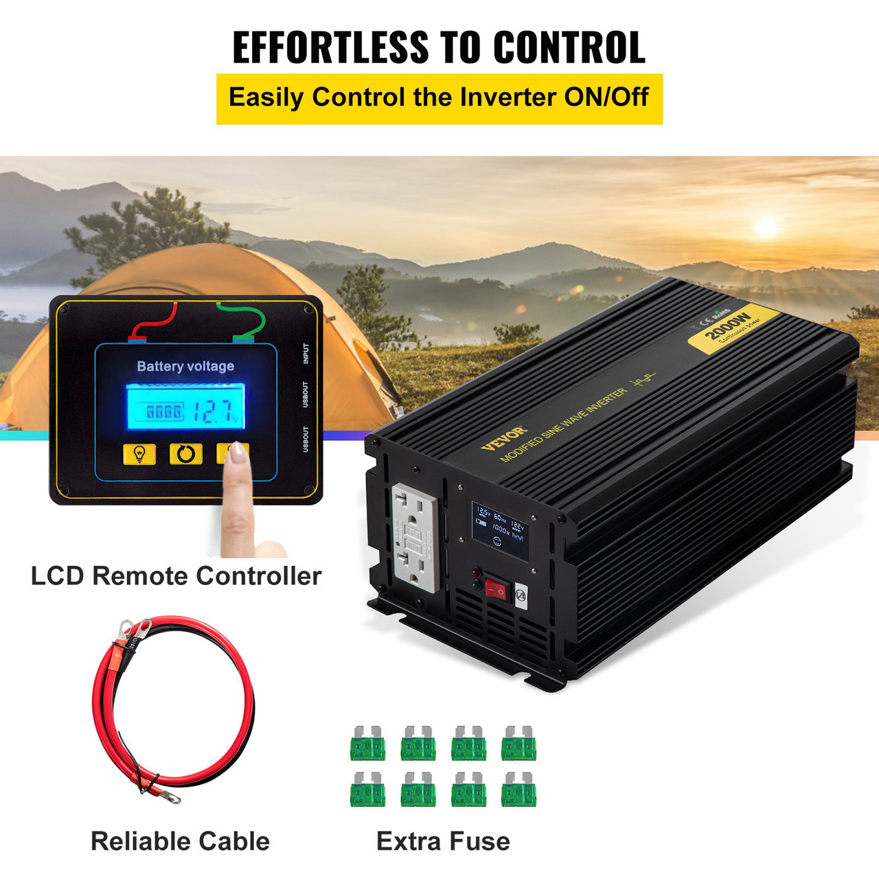 Power Inverter, 2000W Modified Sine Wave Inverter, DC 12V to AC 120V Car Converter, with LCD Display, Remote Controller, LED Indicator, GFCI Outlets Inverter for Truck RV Car Boat Travel Camping