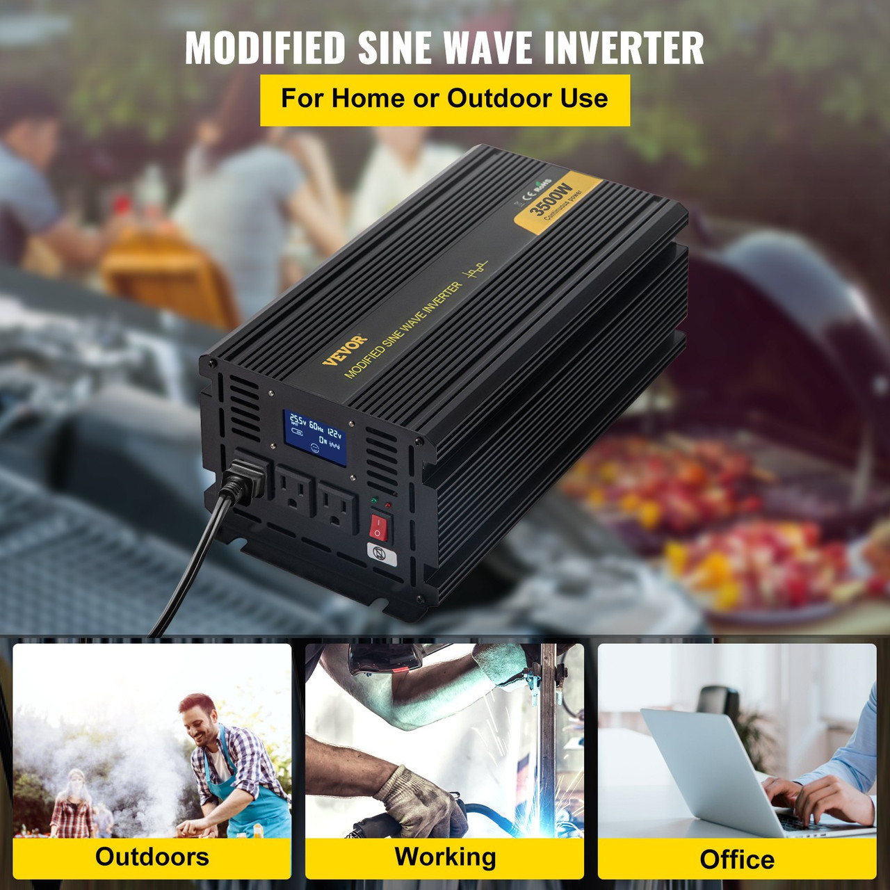 Power Inverter, 3500W Modified Sine Wave Inverter, DC 24V to AC 120V Car Converter, with LCD Display, Remote Controller, LED Indicator, AC Outlets Inverter for Truck RV Car Boat Travel Camping