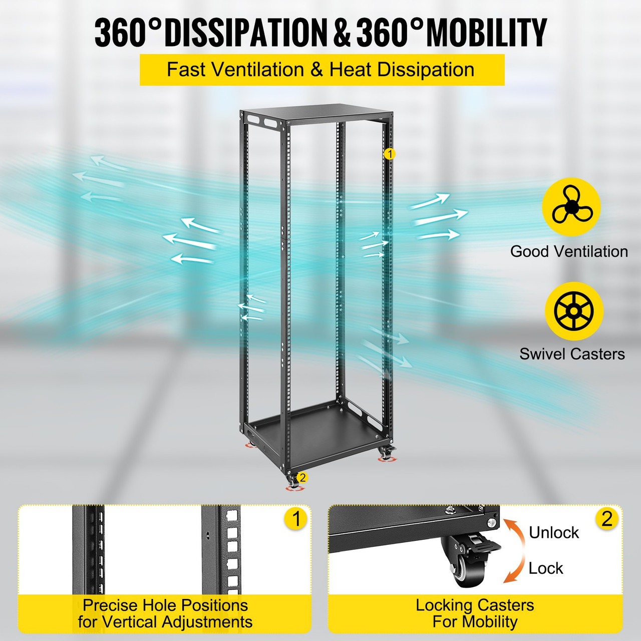 Server Rack, 25U Open Frame Rack, 4-Post IT Server Network Relay Rack, 19 Inch Server/Audio Network Equipment Rack Cold Rolled Steel, Heavy Duty Rack w/Casters, Holds Network Servers & AV Gear
