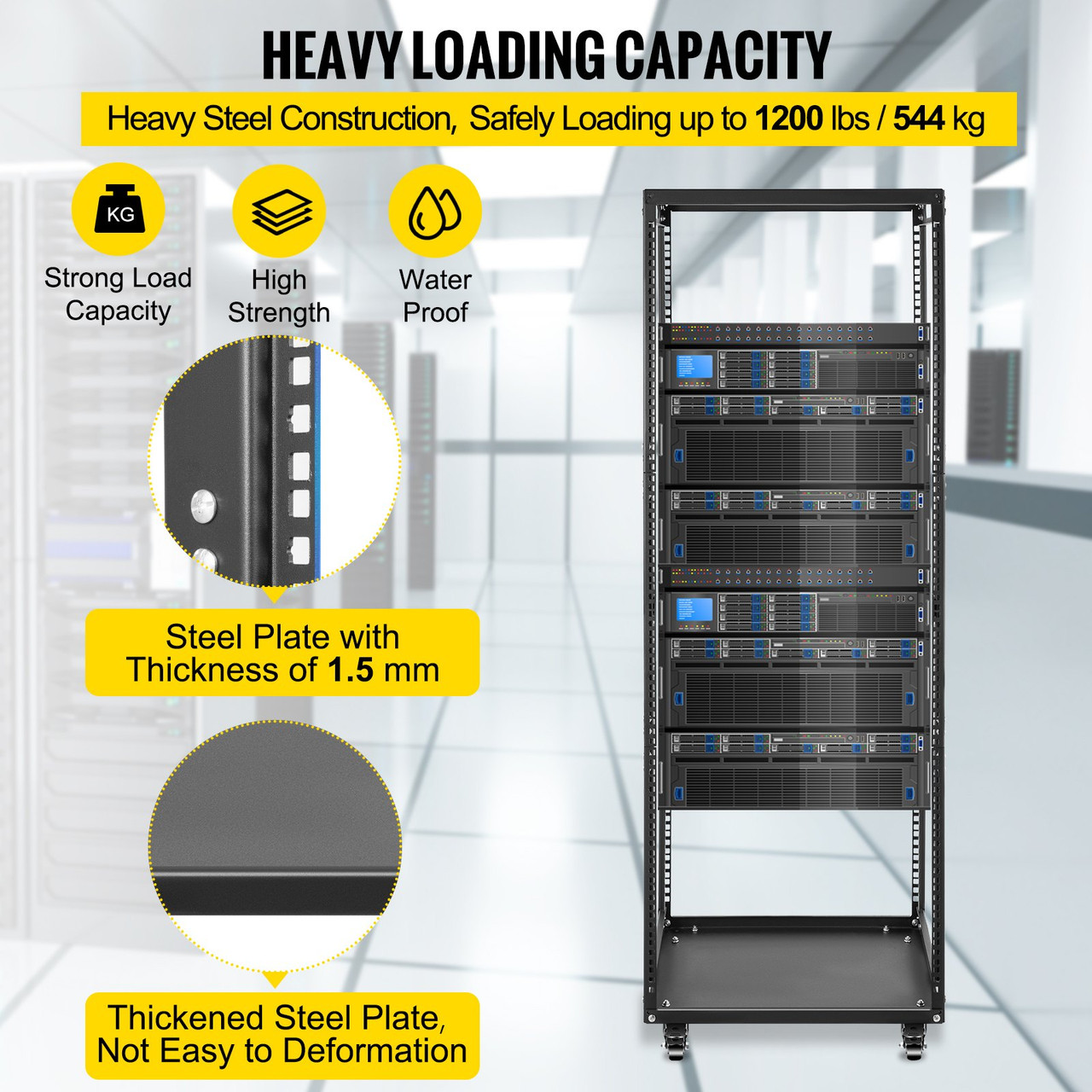 Server Rack, 25U Open Frame Rack, 4-Post IT Server Network Relay Rack, 19 Inch Server/Audio Network Equipment Rack Cold Rolled Steel, Heavy Duty Rack w/Casters, Holds Network Servers & AV Gear