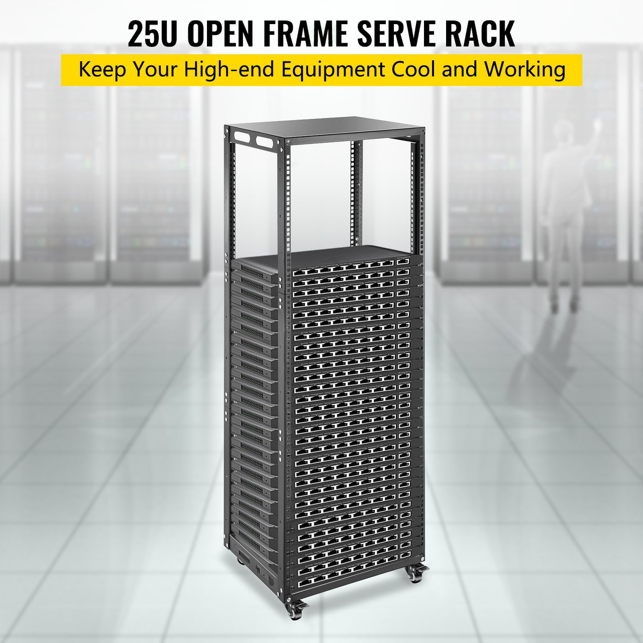 Server Rack, 25U Open Frame Rack, 4-Post IT Server Network Relay Rack, 19 Inch Server/Audio Network Equipment Rack Cold Rolled Steel, Heavy Duty Rack w/Casters, Holds Network Servers & AV Gear
