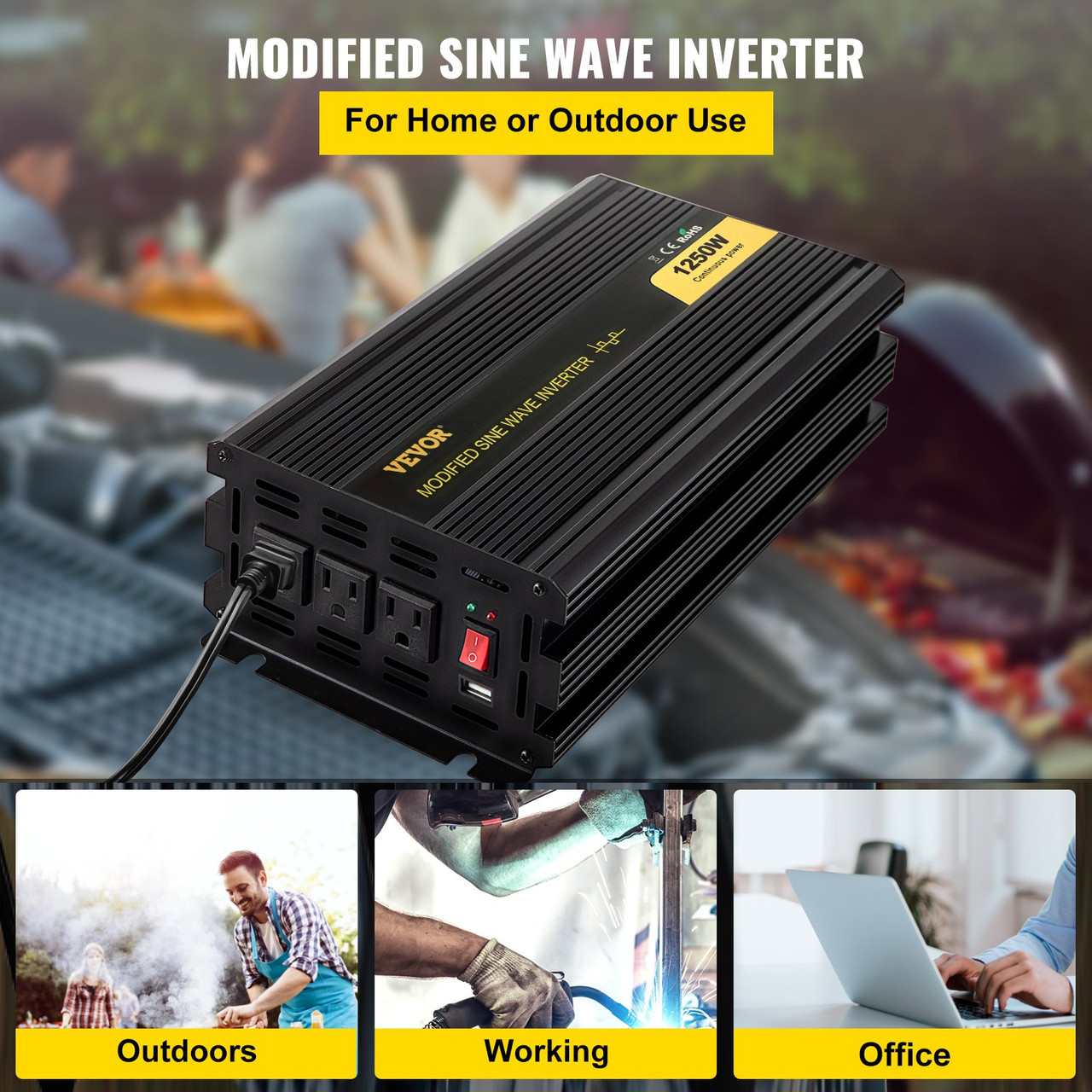 Power Inverter, 1250W Modified Sine Wave Inverter, DC 12V to AC 120V Car Converter, with LCD Remote Controller, LED Indicator, AC Outlets Inverter for Truck RV Car Boat Travel Camping Emergency