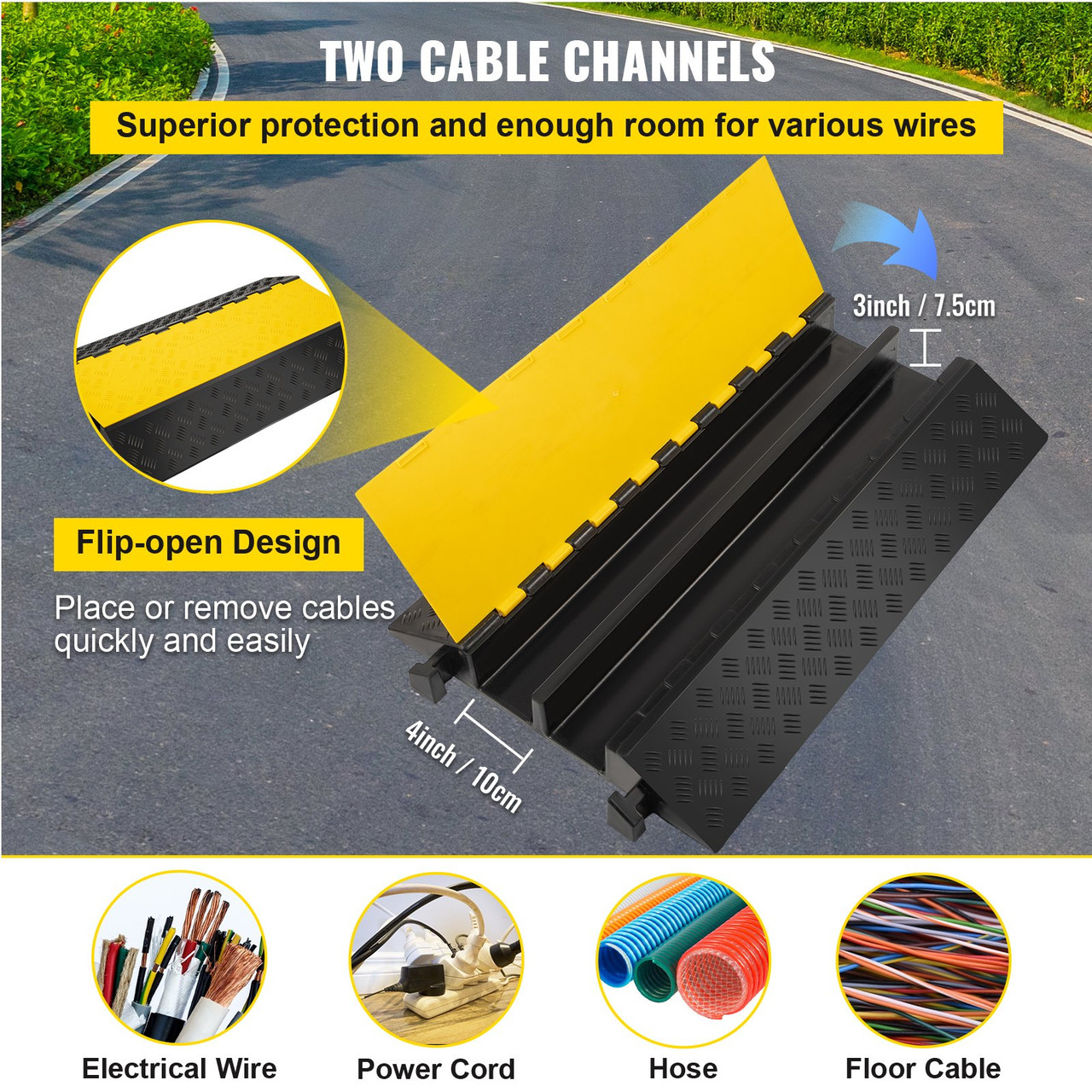 2-channel Cable Protectors Ramps Rubber Cable 22000lbs Axle Capacity Protective